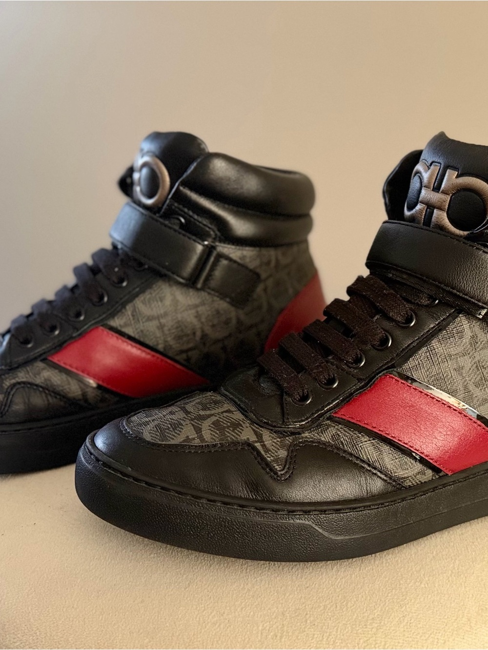 Salvatore Ferragamo Black and Red High-Top Sneakers